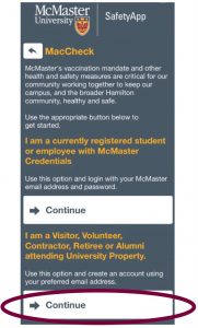 A screenshot of the McMaster Safety App 