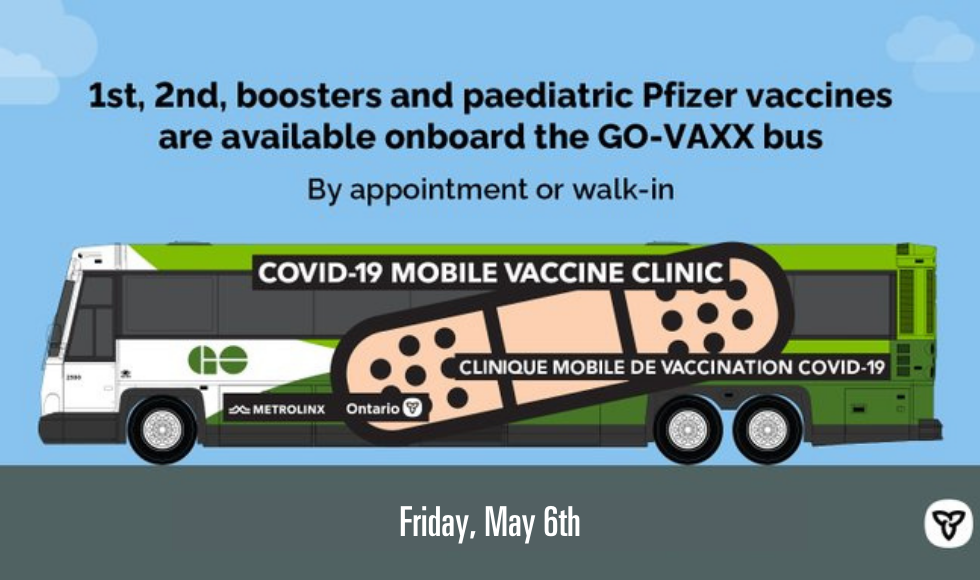 An advertisement for GO-VAXX mobile COVID-19 clinic that includes a graphic illustration of a GO-VAXX bus. 
